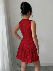 Vestido mini elegante de estilo bohemio con estampado floral, sin mangas y cintura ceñida para mujeres, conjunto de verano con acabado tejido al estilo francés para graduaciones, primavera/verano - Rojo 2 - Ver 2