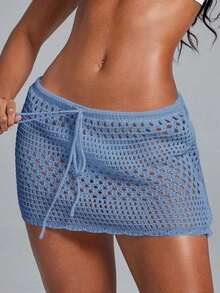 Swim Lushoire Falda pareo con dobladillo ondulado para la playa, con patrón geométrico perforado y floral - Niebla azul - Ver 3