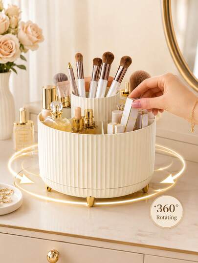 Rotating Makeup Storage Box, Cream White Cosmetic Organizer, Large Capacity Compartment Makeup Brush Holder, Ribbed Round Vanity Organizer Box, Suitable For Lipstick, Perfume, Skincare, Foundation, Applicable For Bedroom, Bathroom, Dorm, Office, Gift