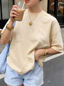 Plain Short-Sleeved T-Shirt, Perfect For Spring And Summer. Casual Women's Shirt, Top, Short-Sleeved T-Shirt. Ideal For Lounging At Home, Casual Wear, Shopping, Or Outdoor Sports. Suitable For Both Men And Women. - 杏 - 查看 6