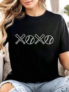 1 Piece Women's Baseball T-Shirt, Mom Baseball Letter Print T-Shirts, Women's Graphic Tees, Round Neck, Loose Casual T-Shirts, 180g 100% Cotton. - 3 - 查看 9