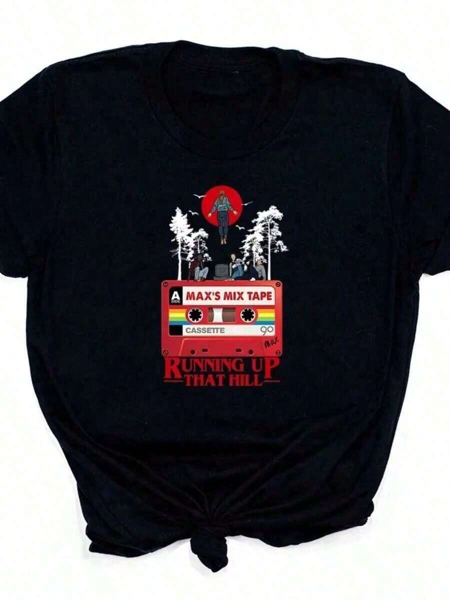 1 Pc Running Up That Hill T-Shirt, Inspired By 4 , Unisex T-Shirts, Max's Favorite Song T-Shirt, Casual Streetwear T-Shirts, 180g 100% Cotton Soft - 黑色 - 查看 1