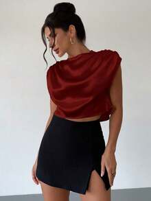 Blusa de mujer con cuello mao de unicolor y pliegues, informal y elegante, manga de murciélago fruncida, ajuste regular, top casual de uso diario para primavera/verano - Burdeos 3 - Ver 7