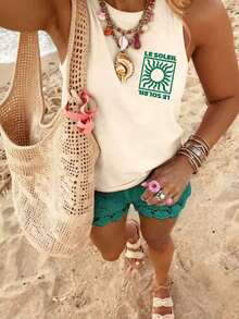 Blusa de ajuste regular casual con estampado, sin mangas para mujer - Albaricoque 6 - Ver 2