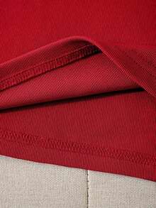 Top de punto acanalado con bordado de letras, camiseta gráfica para mujer - Rojo - Ver 4