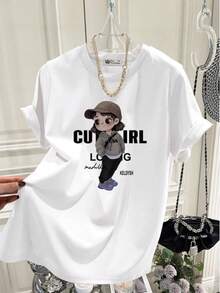 Women's Casual Printed T-Shirt, Short Sleeves, Round Neck, Spring/Summer Local Urban Fashion. MYM6 - 黑色 - 查看 7