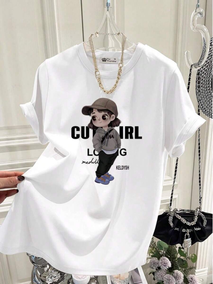Women's Casual Shirt With Print, Short Sleeves, Round Neck, Spring/Summer Local Urban Fashion. MYM6 - 白色 - 查看 1