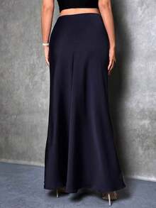 Falda de estilo de cola de sirena de unicolor para mujer, falda de satén, falda larga elegante, adecuada para fiestas y uso diario - azul real - Ver 2