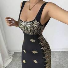 Raffinéa Women's Shiny Gold & Black Summer New Dress, Square Neck Spaghetti Strap Backless Slit Hem Fitted High Waist Dress, Suitable For Party, Wedding, Business Banquet, Daily Occasions, Gala, Wedding Party, Holiday Attire - Burdeos - Ver 4