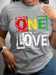 Camiseta con estampado "One Love", Top casual de manga corta y cuello redondo para verano y primavera, ropa de mujer - Negro - Ver 9