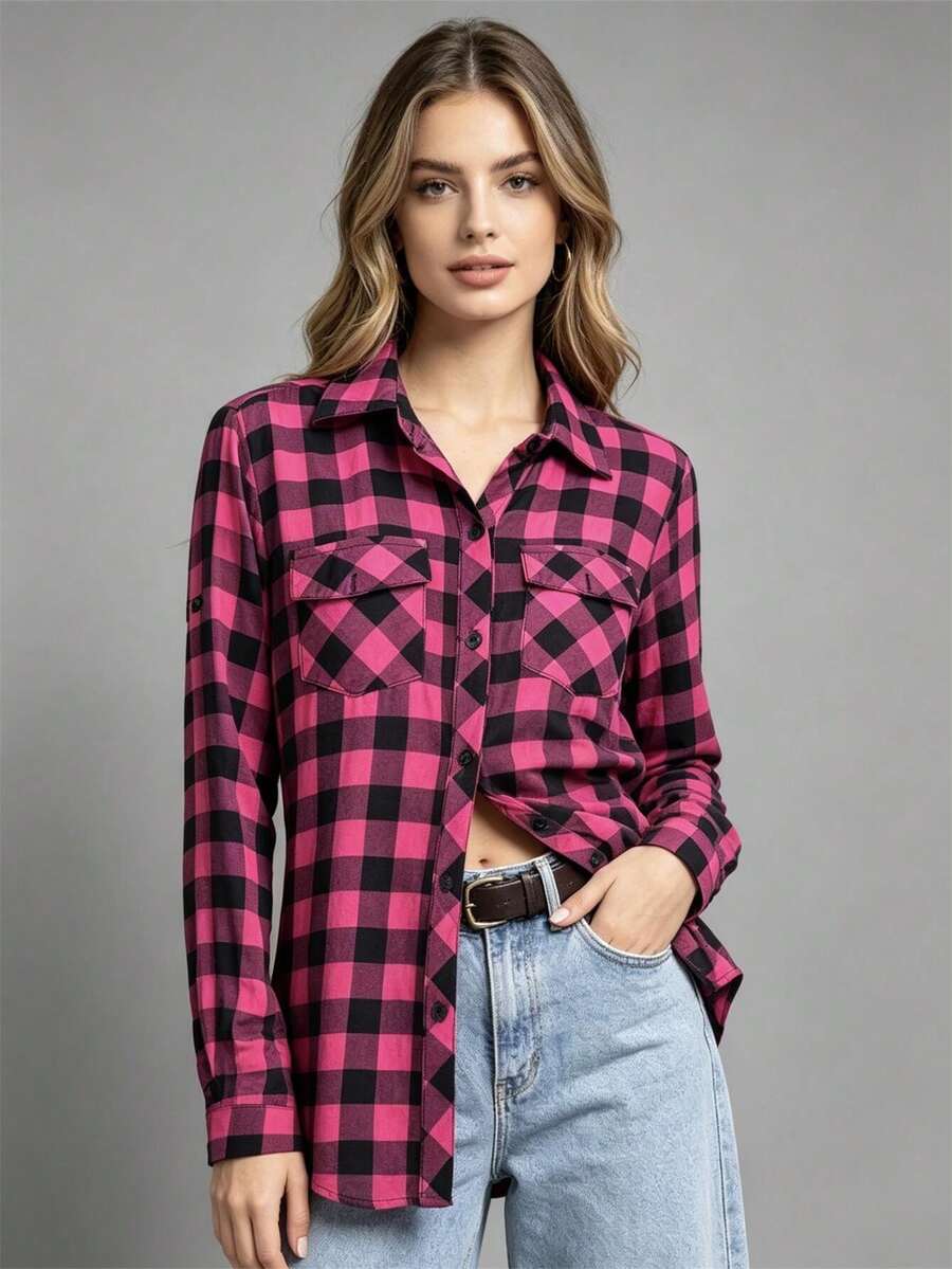 Women's Long-Sleeved Shirt, Beautiful Viscose Fabric. - 玫紅/黑色 - 查看 1