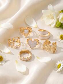 6pcs Minimalist Solid Color Personalized INS Style Drip Oil Heart Flower Asymmetric Ring Set, Suitable For Parties, Vacations, Gifts, Daily Wear - Multicolor - View 2