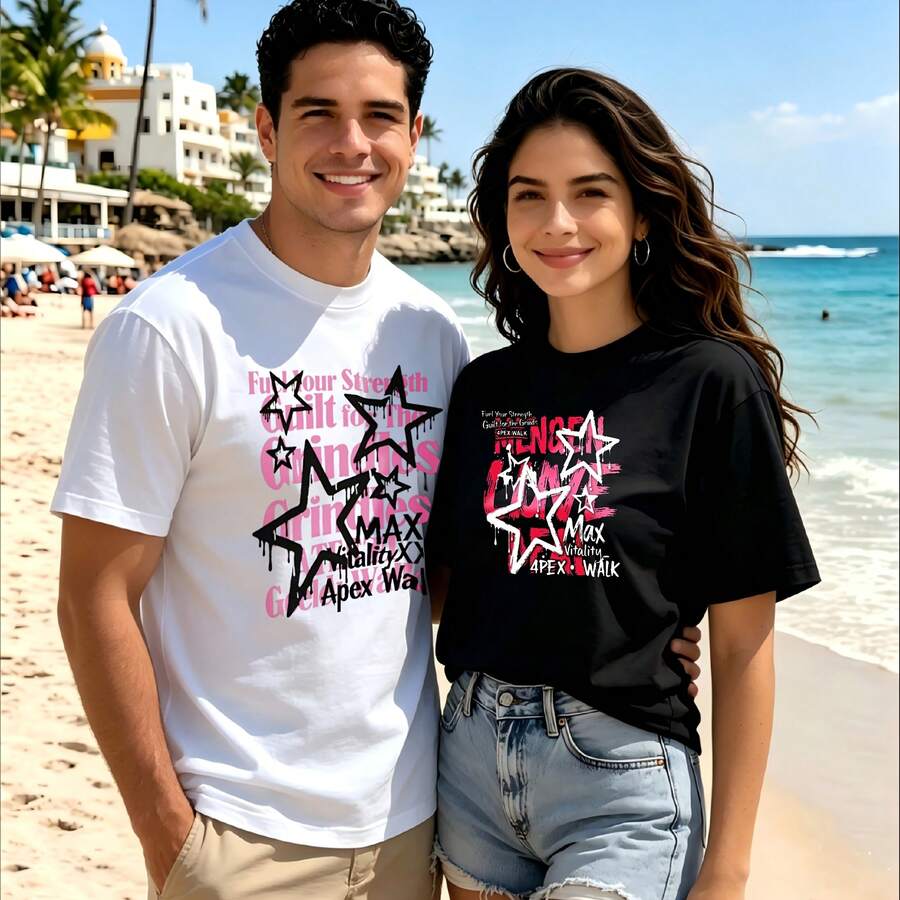 2-Piece Couple Matching Pattern T-Shirt, 100% Cotton, Loose Fit, Soft And Breathable, Casual Round Neck Short Sleeved Top Star Max Apex Walk Versatile Patterns No Picky Combinations Coordinated Dating Casual Travel Simple And Cartoonish Printing Styles High Cost-Effectiveness Couple Lovers Matching - 白色 - 查看 1