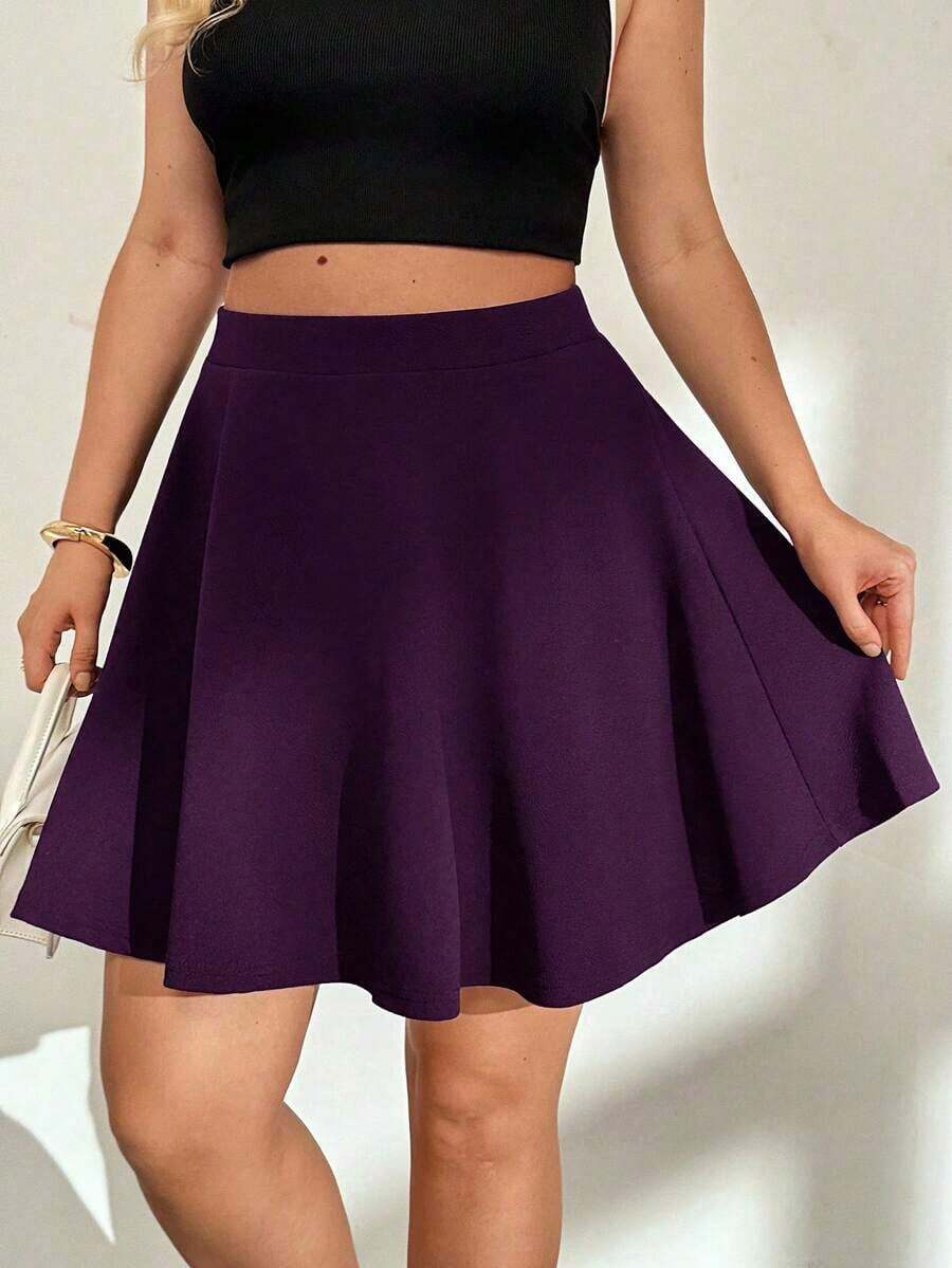 Falda azul de línea A básica, versátil y cómoda para uso diario, de moda para mujer de talla grande en otoño e invierno - Morado - Ver 1