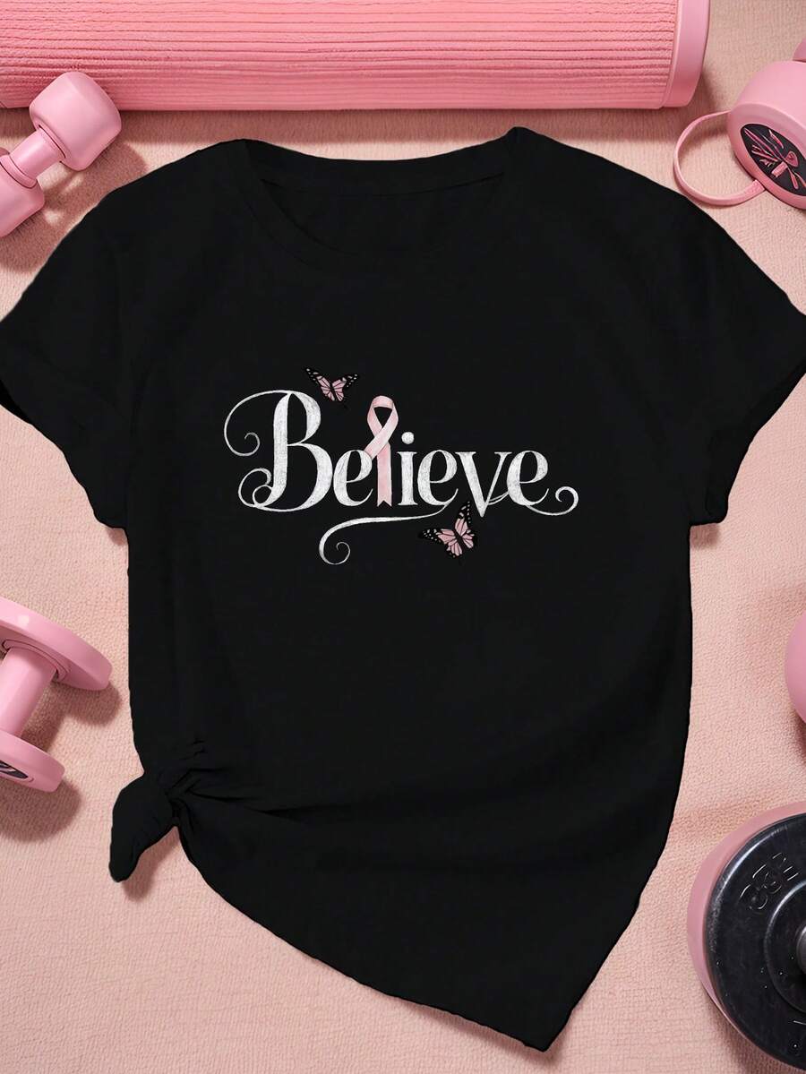 Camiseta deportiva de manga corta para mujer de talla con cinta rosa Believe - Negro - Ver 1