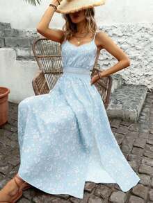 Vestido de verano ligero con estampado, tirantes de espagueti, parche en la cintura, encaje calado y abertura lateral elegante para fiesta y vacaciones - Multicolor 2 - Ver 5