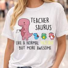 Women's Cotton T-Shirt With A "Teacher Saurus" Dinosaur Print: Like A Regular Teacher, But More Awesome. Ideal For Everyday Wear Or As A Commemorative T-Shirt For Friends Or Loved Ones. Also Suitable As A Sweater. Fast Delivery. - 白色 - 查看 6