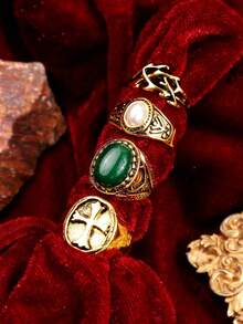 Set de 4 anillos de resina geométricos de cruz minimalistas, de alta gama, versátiles, de estilo punk y hip-hop, elegantes y únicos, adecuados para uso diario, festivales y fiestas - Multicolor - Ver 5