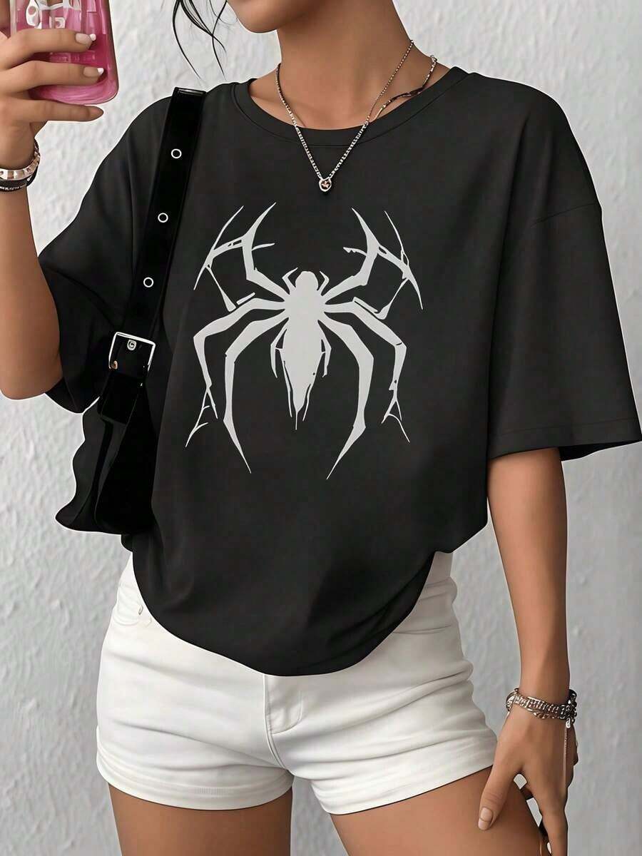 White Spider Symbol Representing Strength And Connection With Nature. Women's T-Shirt, 100% Soft Cotton, Modern Cut And Comfortable Fabric For Everyday Wear. - 黑色 - 查看 1