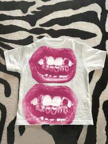 Dam Casual Punk Läppmönster Rund Hals Kortärmad Gotisk Streetwear T-shirt Sommar - Vitt - Visa 7