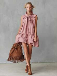 Elegante y retro Resort frente al cuello abrochado minifalda de algodón rosa y lino con borde de burbuja - Rosa - Ver 2