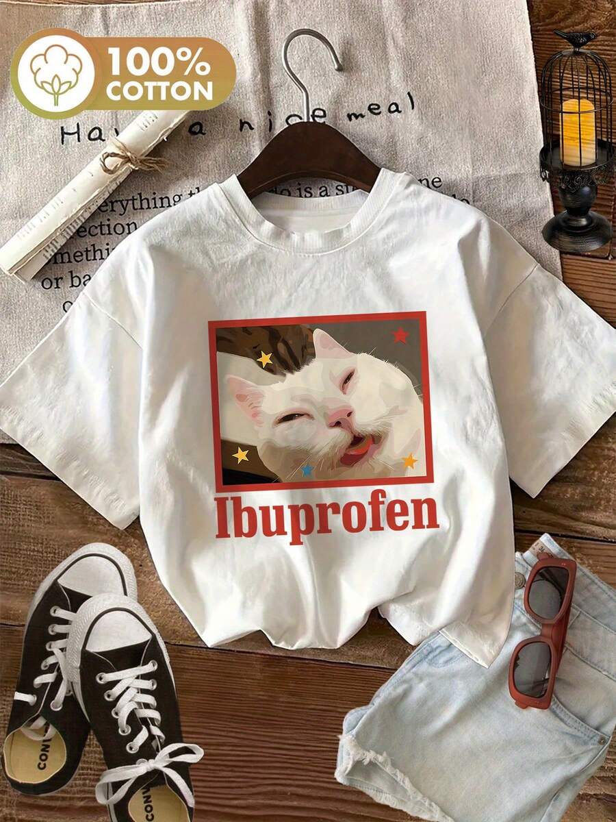 Camisetas de primavera y verano para mujer con estampados de gatos y estrellas de dibujos animados, diseño Ibuprofen, algodón puro, cuello redondo, manga corta, corte holgado, camiseta casual para mujer - Camiseta unisex de algodón holgada de manga corta y cuello redondo estilo vintage para mujer. blusas.blusas casuales para dama. - Blanco - Ver 1