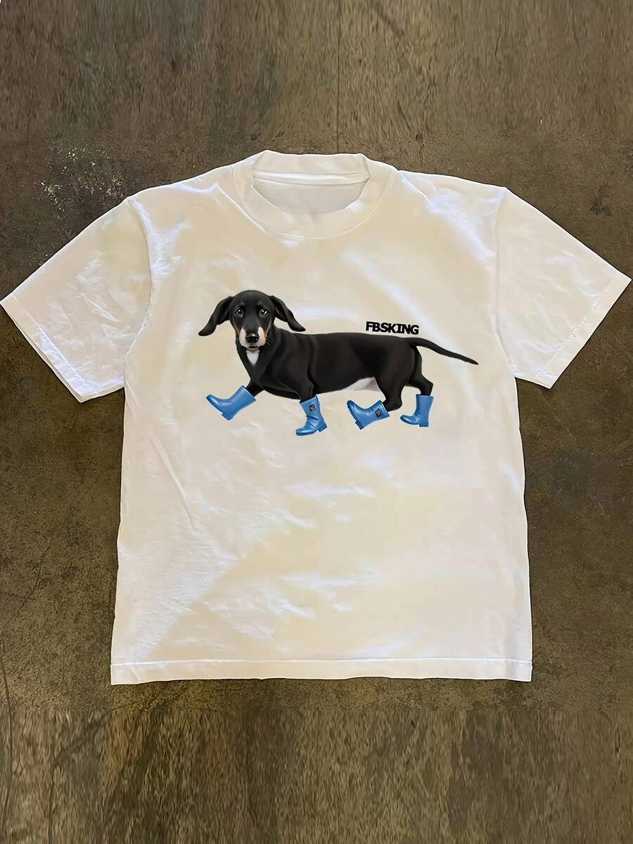 Short-Sleeved T-Shirt With A Dachshund Print, American And Modern Style, Minimalist Casual Shirt, Versatile Fashion Design For Spring And Summer - Unisex Loose-Fitting Cotton T-Shirt With A Round Neck And Short Sleeves, Urban Vintage Style, Blouses For Women. Casual Blouses For Ladies. - 白色 - 查看 1