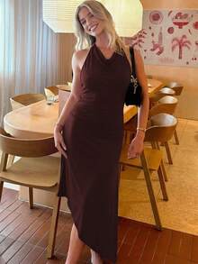 Vestido mujer moda espalda descubierta pliegues cintura ajustada lazos elegante estilo europeo - Café - Ver 6