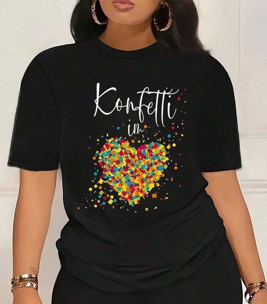 Camiseta de Cuello Redondo para Mujer, Estampado de Confeti en Forma de Corazón, Manga Corta, Blusa Casual de Verano para Mujer - Negro - Ver 1