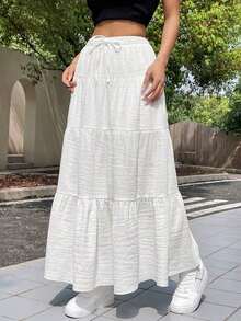 Falda blanca de mujer para vacaciones con diseño entretejido, casual con cordón, volantes en el bajo, de corte maxi en capas, de talle ultra bajo, de ajuste regular, para uso diario casual en primavera/otoño - Blanco - Ver 5