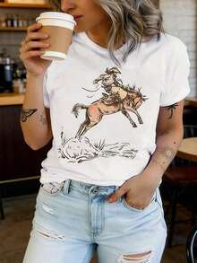Camiseta de Mujer con Estampado de Vaquera y Caballo - Suave, Transpirable, Cuello Redondo, Manga Corta, Lavable a Máquina, Camiseta Casual de Verano para Primavera y Verano. - Blanco - Ver 3