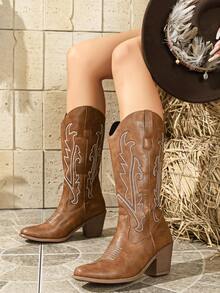 2026 New Western Cowboy Boots For Women, Retro American Style Brown Pointed Toe Embroidered High Heel Mid-Calf Slip-On Riding Boots - Brown - View 6