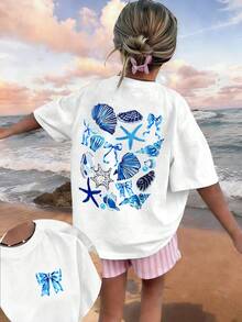 1 pieza Camiseta holgada con estampado para niñas, estampado de conchas & estrellas dibujado a mano, decoración con lazo, ajuste holgado casual, adecuada para vacaciones en la playa, regreso a la escuela, uso de verano - Blanco - Ver 1