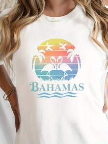 Camiseta casual de manga corta y cuello redondo 2026, estampada con un diseño de puesta de sol de las Bahamas y flamencos, perfecta para la moda femenina de primavera y verano. - Blanco - Ver 1
