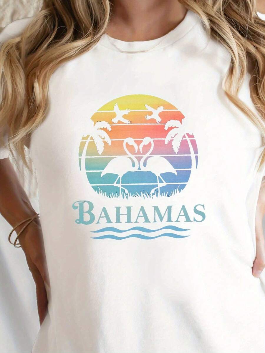 Camiseta casual de manga corta y cuello redondo 2026, estampada con un diseño de puesta de sol de las Bahamas y flamencos, perfecta para la moda femenina de primavera y verano. - Blanco - Ver 1