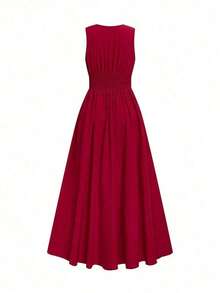 Nuevo vestido largo de estilo vintage francés elegante para primavera/verano con diseño de resort, cuello en V, sin mangas, cintura ceñida y línea A. Uso casual diario, playa, adecuado para mujeres - Burdeos - Ver 4