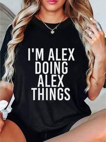 Size - Women's Casual T-Shirt With I'DOING THINGS Slogan Print - Black With White Letters, Short Sleeve, Round Neck, Lightweight And Breathable Fabric, Relaxed Fit For Spring And Summer, Casual Wear, Women's T-Shirts, Summer Fashion, Bold Letter T-Shirt, Comfortable Fit T-Shirt - 黑色 - 查看 5