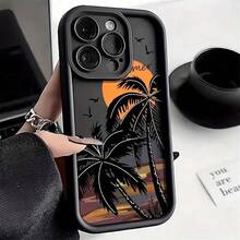 Funda de Teléfono con Patrón de Palmera al Atardecer Compatible con iPhone11/12/13/14/15/X/XR/Xs/Plus/Pro/Pro Max - Cubierta Protectora Duradera a Prueba de Golpes con Diseño Tropical - Negro - Ver 6