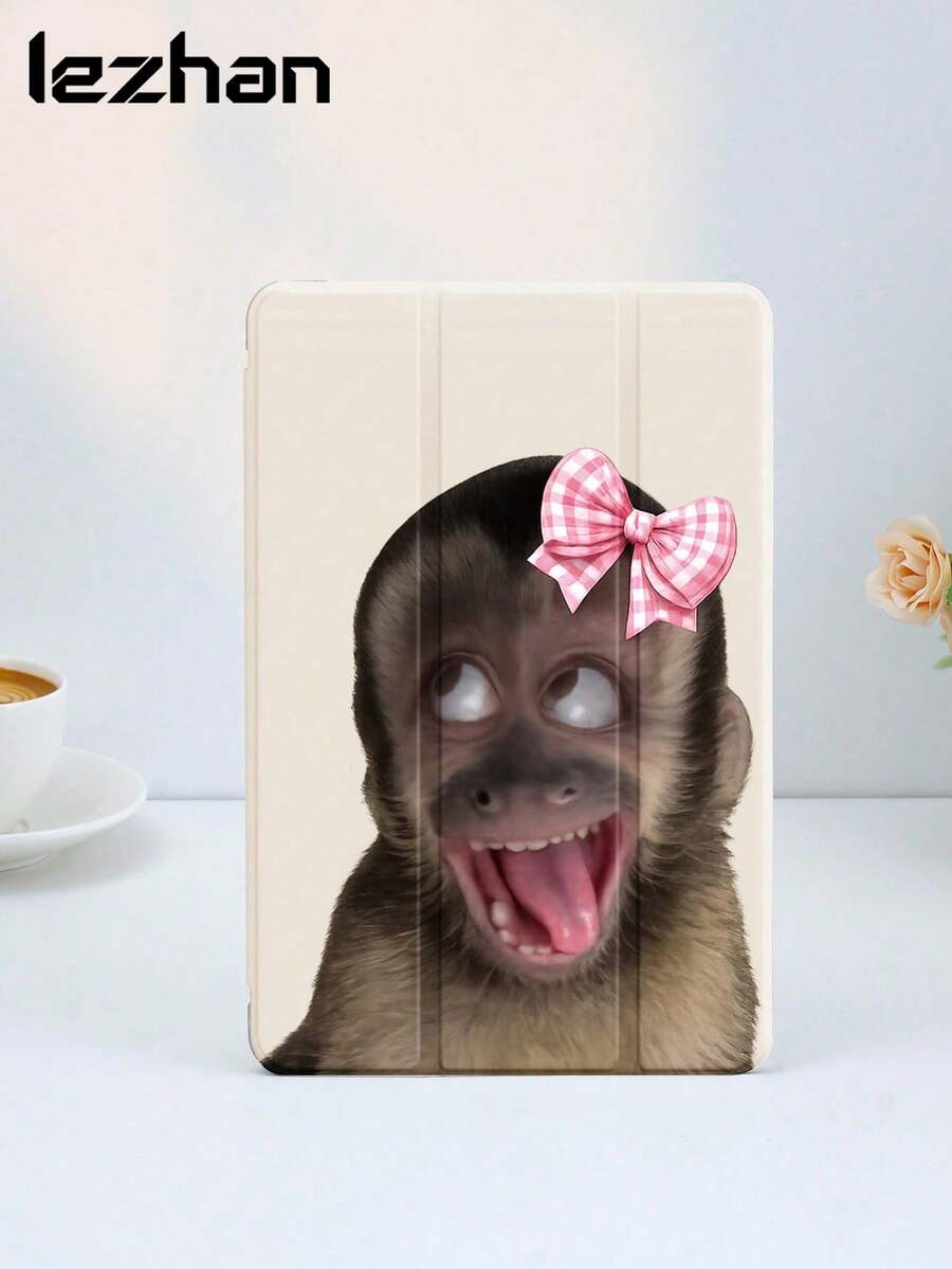 1pc Tongue-Out Monkey, Bow Pattern Tablet Protective Case, Tri-Fold Stand Protective Shell Compatible With 10.2-Inch Tablet, Pro 11 2021/2020/10th Gen, (A16) 11-Inch 11th Gen 2025, Compatible With Samsung Galaxy Tab A8 10.5-Inch 2022, Matepad 10.4/Tab, With Pen Slot, Anti-Drop, Sleep/Wake Support - Multicolor - View 1