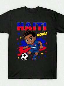 Haiti National Football Team T-Shirt With Haiti Flag For The World Cup - Sporty Print, Soft, Casual, Short Sleeve, Round Neck, Regular Fit, Suitable For Women, All Seasons, Ideal For New Year's And Valentine's Day Gifts. - 黑色 - 查看 1