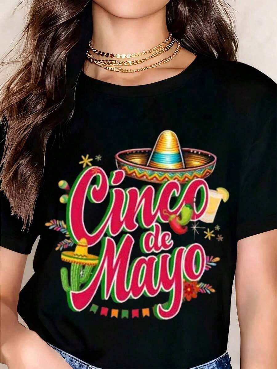 Women's Cinco De Mayo Party Print T-Shirt, Casual, Crew Neck, Short Sleeve, Perfect As A Birthday Gift, Suitable For All Seasons, For Daily Outdoor Wear - 黑色 - 查看 1