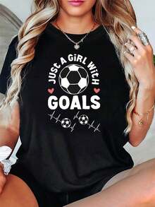 Size - Size - Just A With GOALS Graphic Print Women's Size T-Shirt, Casual Short Sleeve Crew Neck T-Shirt For Summer And Spring, Women's Clothing - 黑色 - 查看 1