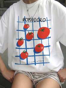 1 pieza de camiseta casual y elegante para mujer, de manga corta y cuello redondo, con estampado de un pequeño tomate, 180g, 100% algodón. - Blanco - Ver 8