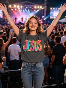 1 camiseta con estampado gráfico "Jesus Loves You", manga corta, cuello redondo, estilo casual para verano y primavera, camiseta para mujer, 180g, 100% algodón. - Blanco - Ver 9