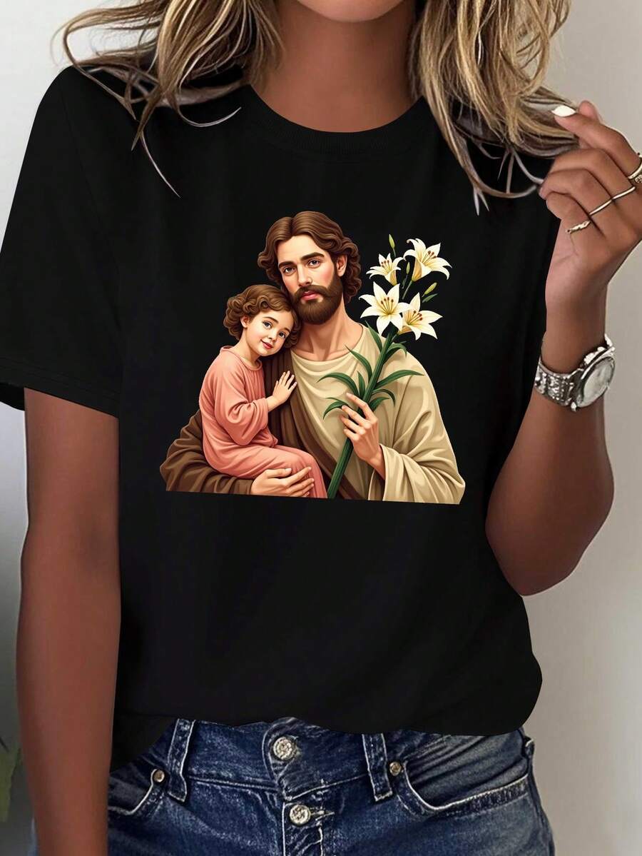 A Comfortable Solid-Colored Women's T-Shirt With A Religious Illustration Of Saint Joseph. - Black - View 1
