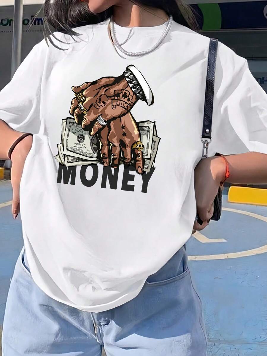 Women's Casual T-Shirt With Coin Print, Round Neck, Short Sleeves, Slightly Elastic, Regular Fit, Urban Style. - 白色 - 查看 1