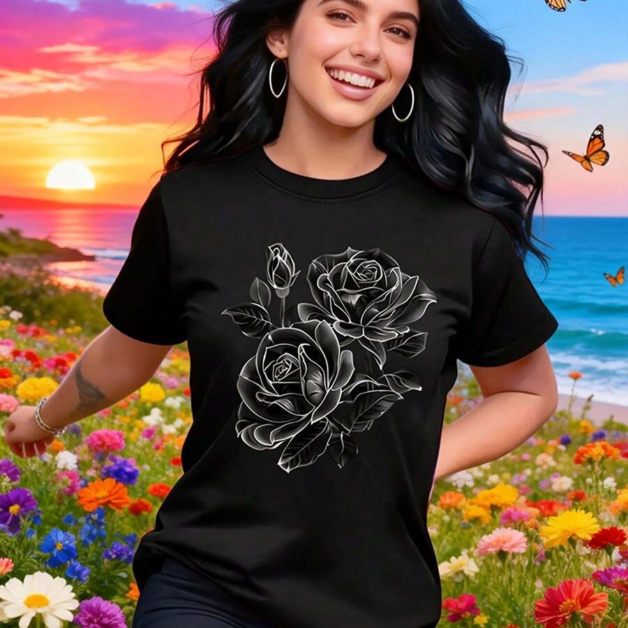 T-Shirt With Green Floral Negative Print, Round Neck And Short Sleeves For Spring And Summer, Women's Clothing, Birthday Gifts, Gifts For Friends, Gifts For Sisters - 黑色 - 查看 1