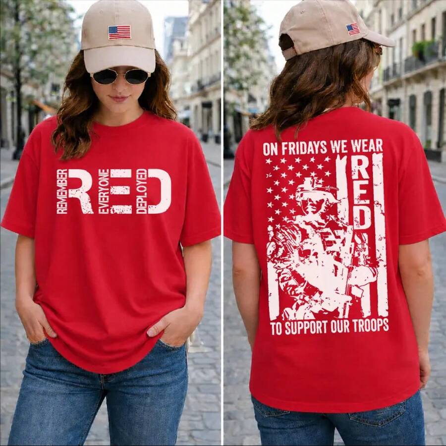 Red Friday T-Shirt, On Friday We Wear Red, Gift For American Flag Veterans, Commemorative T-Shirt For All Deployed Personnel, Women's Blouses>Ladies' Blouses - Red - View 1