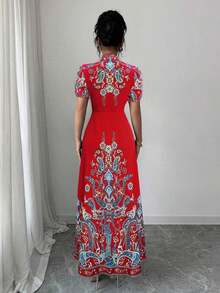 Elenzya Vestido elegante de línea A con estampado digital de retazos, cuello en V profundo y cintura ceñida, color albaricoque, adecuado para cenas formales, citas y bodas de mujeres (con flor en posición) - Rojo 2 - Ver 2