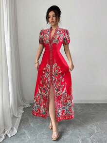 Elenzya Vestido elegante de línea A con estampado digital de retazos, cuello en V profundo y cintura ceñida, color albaricoque, adecuado para cenas formales, citas y bodas de mujeres (con flor en posición) - Rojo 2 - Ver 4